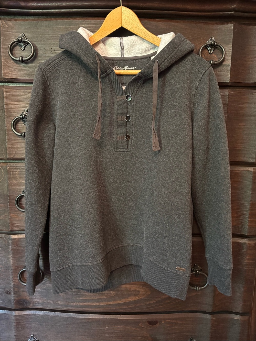 Eddie Bauer Women’s Henley Style Pullover Fleece Hoodie, Size M, Gray